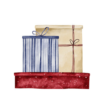 Watercolor illustration of old vintage-style gift box wrapped in red cord. Hand drawn red and blue striped holiday gifts. For festive designs Christmas or New Year. Drawing on isolated background