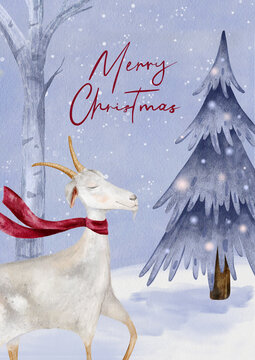 Merry Christmas trendy card features whimsical watercolor illustration of goat wearing red scarf in snowy forest. Christmas tree adorned with soft, glowing lights against light blue, snowy background