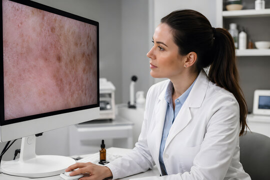Female dermatologist examining skin macro analysis image on computer monitor in medical clinic