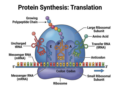 Protein synthesis translation process on ribosome diagram isolated on white background