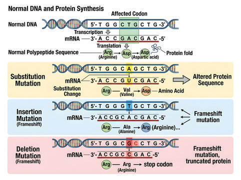 Dna mutation types in protein synthesis diagram isolated on white background