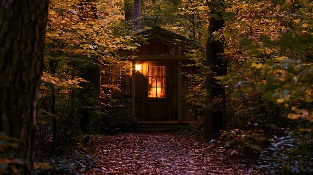 Autumn cabin retreat peaceful forest scene evokes warmth and tranquility a serene landscape image