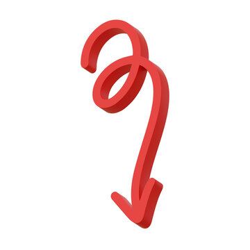 3D illustration of red curly loop spiral arrow winding downward vertical script on transparent background