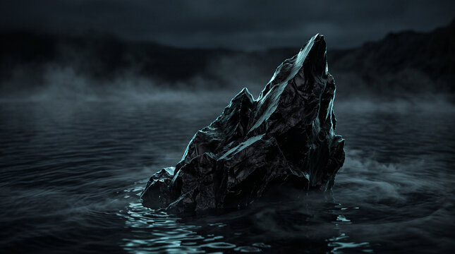 Dark volcanic obsidian rock emerging from rippling water with cyan lighting