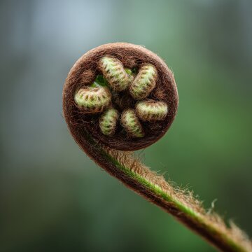 Macro shot of budding fern with spiral shape and fuzz Canon EOS R5 100mm Macro