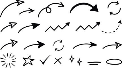 Fototapeta premium Hand drawn arrows and doodle elements set, collection of sketch style arrow icons