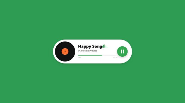 Minimalist Music Player UI Animation with Spinning Vinyl on Green Screen Background Loop