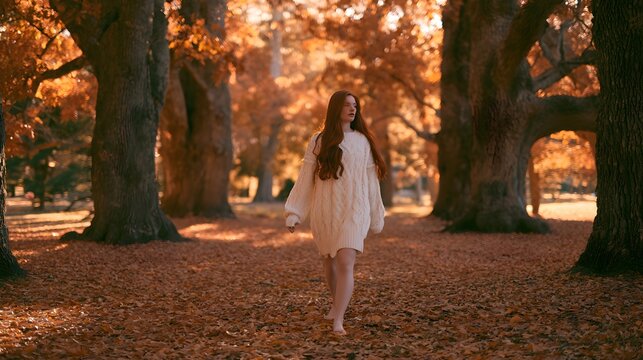 Autumn serenity a woman walks through vibrant leaves bathed in warm golden afternoon light peaceful escape