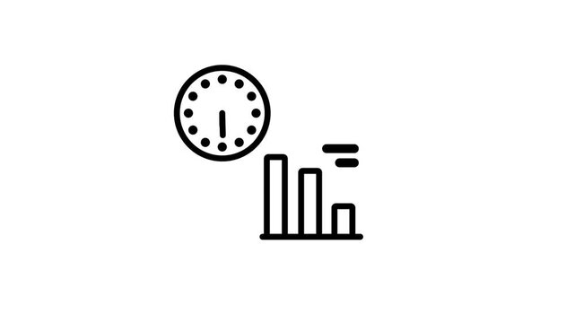 Line icon of a clock beside a rising bar chart representing time management business performance tracking and steady productivity growth over a period