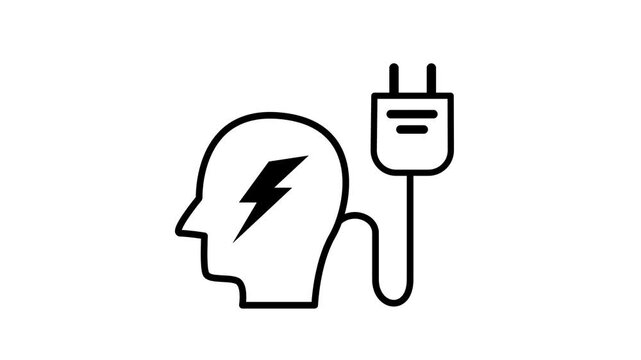 Line icon of a human head with a lightning bolt connected to an electrical plug representing mental energy brainpower motivation and idea charging
