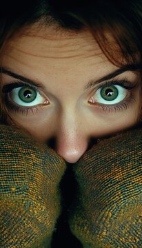 Intense Gaze: Woman's Piercing Eyes Amidst Cozy Fabric, Captivating Portrait