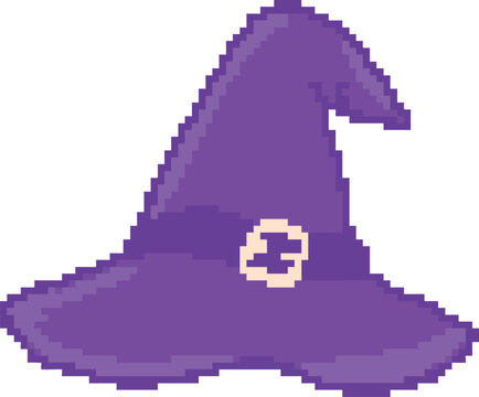 Pixel art purple witch hat with buckle for 8 bit retro Halloween gaming decor - hand drawn illustration vector asset