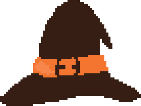 Pixel art black witch hat with orange ribbon belt buckle for 8 bit retro Halloween gaming decor - hand drawn illustration vector asset