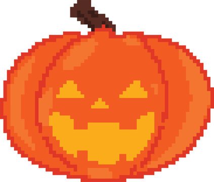 Pixel art orange jack o lantern pumpkin with carved smiling face for 8 bit retro Halloween gaming decor - hand drawn illustration vector asset