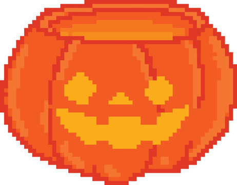 Pixel art orange jack o lantern pumpkin bowl with smiling face for 8 bit retro Halloween gaming decor - hand drawn illustration vector asset