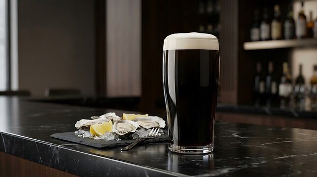 Stout beer with fresh oysters. Dark ale drink served with seafood on a bar counter.