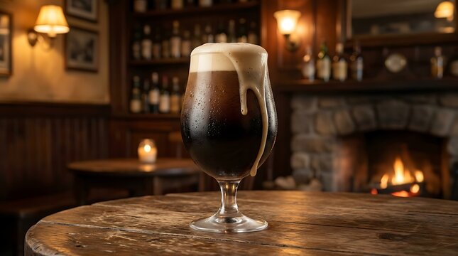 Pint of Irish stout beer in a pub. Cold dark ale glass on a rustic wooden table.