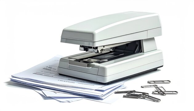 Modern electric stapler with stack of papers and scattered paperclips on white background