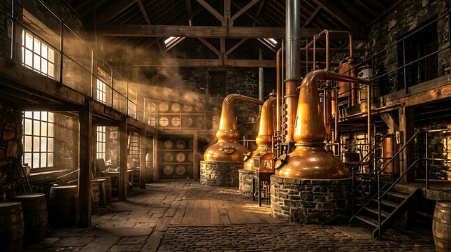 Copper stills in a rustic distillery. Traditional alcohol production facility with sunlight.