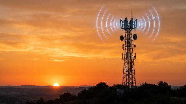 Telecommunication tower silhouette at sunset, wireless signal waves transmission, mobile network connectivity, 5G technology infrastructure, radio antenna, telephony mast