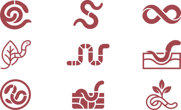 Earthworm and Vermicomposting Icon Set Featuring Composting Worms Soil Layers Leaves Sprouts and Infinity Symbols for Organic Gardening Agriculture and Eco Farming Designs