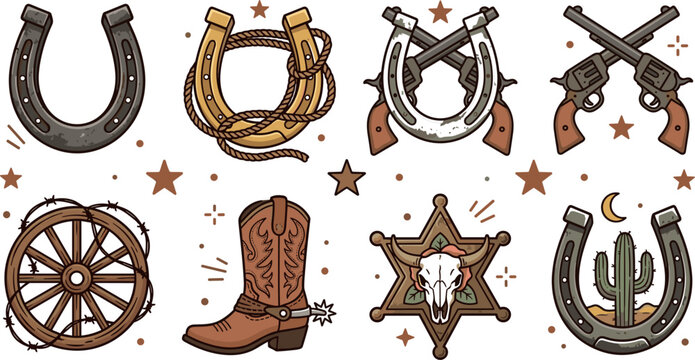 Wild West Cowboy Vector Icon Set Featuring Horseshoes Crossed Revolver Pistols Lasso Rope Wagon Wheel Boots Sheriff Badge and Desert Cactus Designs