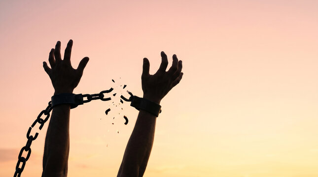 Silhouette of hands breaking metal chains against a sunset, symbolizing liberation and overcoming obstacles.