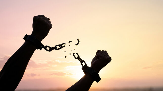 Silhouette of hands breaking chains against a sunset sky, symbolizing liberation, social justice, and hope.