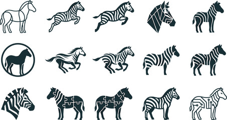 Obraz premium Zebra Silhouette Icon Set Featuring Running Animals Geometric Origami Heads Circular Badges Puzzle Pieces and Digital Circuit Textures for Creative Logo Designs