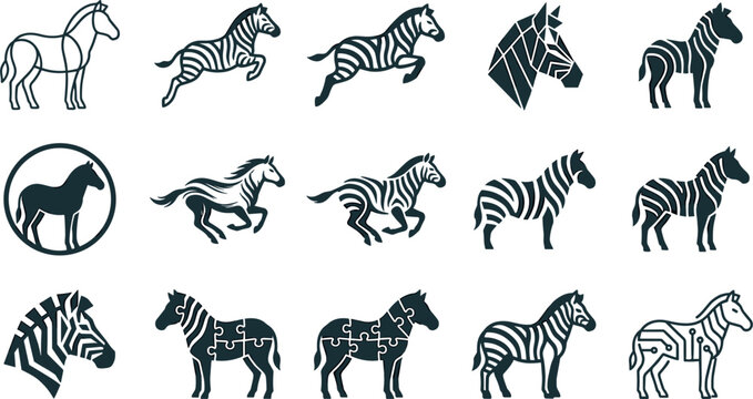 Zebra Silhouette Icon Set Featuring Running Animals Geometric Origami Heads Circular Badges Puzzle Pieces and Digital Circuit Textures for Creative Logo Designs