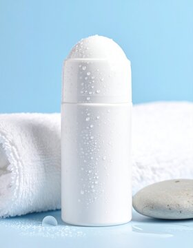 White roll-on deodorant bottle with water droplets on a light blue surface with towel and pebble