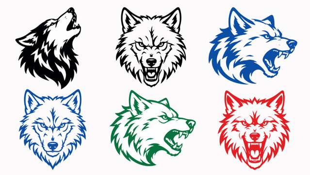 Wolf head mascot vector set, 6 aggressive wolf illustrations for sports logos, howling and growling timber wolf icons in black blue green and red isolated PNG with Transparent Background