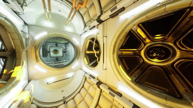Space station crosssection showing circular windows and gold trimmed panels panoramic angle reveals multiple hatches, handrails and storage niches, atmosphere
