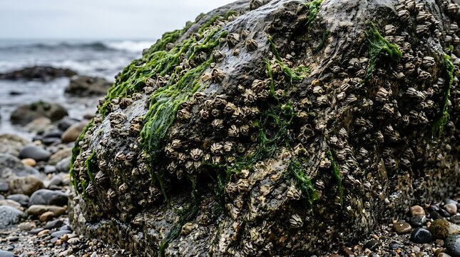 Closeup of a rock covered in barnacles and green seaweed on a beach
