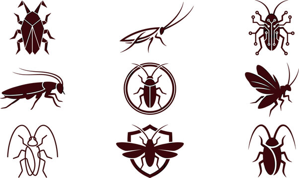 Cockroach and Insect Icon Set Featuring Geometric, Cybernetic, Minimalist, and Shield Designs for Pest Control Branding, Apps, and Graphic Work