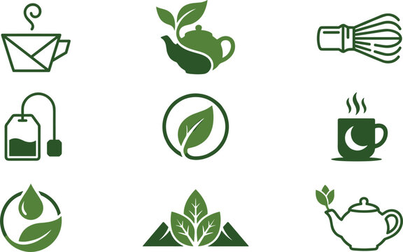 Green Tea and Matcha Icon Set Featuring Teapots, Leaves, Cups, Whisk, and Organic Symbols for Cafes, Branding, Packaging, and Web Designs