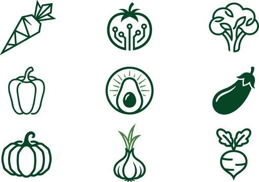 Organic Vegetables Icon Set with Geometric and Tech Styled Tomato, Carrot, Avocado, and Broccoli for Smart Farming, Grocery, and Agriculture Logo Designs