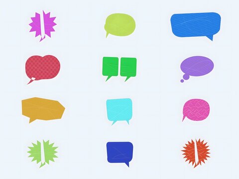 Set of colorful speech bubbles and comic thought clouds for chat messages and design elements in various bright flat shapes