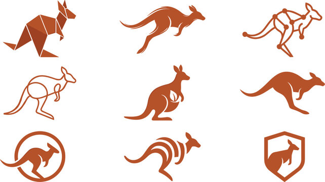 Kangaroo and Wallaby Icon Set Featuring Geometric Origami, Connected Node Tech, Minimalist Line, Shield, and Jumping Animal Logos for Australian Branding
