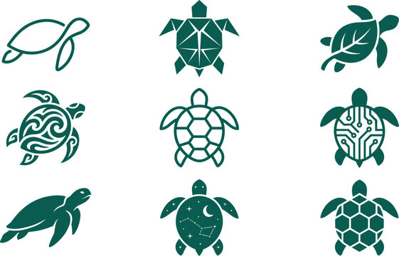 Sea Turtle Icon Set with Geometric Low Poly Tech Circuit Leaf and Tribal Maori Polynesian Shell Symbols for Marine Life Ocean Conservation Logos