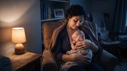 Fototapeta premium Tired Mother Holding Sleeping Baby in Cozy Armchair During Nighttime Breastfeeding Session