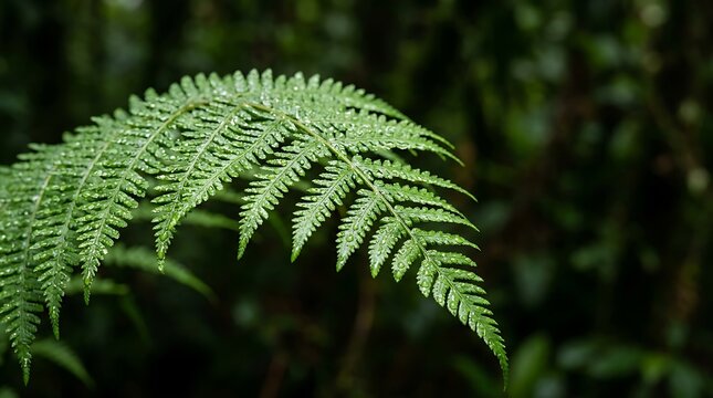 Closeup of a lush green fern frond covered in fresh morning dew drops