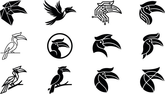 Hornbill and Toucan Bird Icon Set Featuring Geometric Origami, Tech Circuit, Minimalist Line Art, and Exotic Wildlife Symbols for Corporate Branding and Nature Conservation
