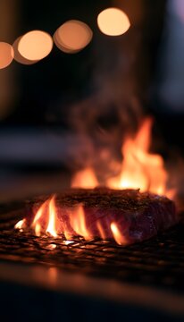 Sizzling steak on grill flames create a warm inviting culinary experience perfect for food lovers