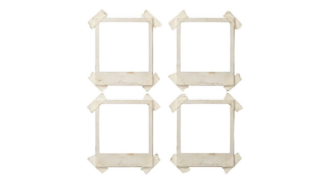 Vintage instant photo frames with adhesive tape, retro polaroid style picture frame set, blank paper borders for scrapbooking and moodboards isolated on Transparent Background