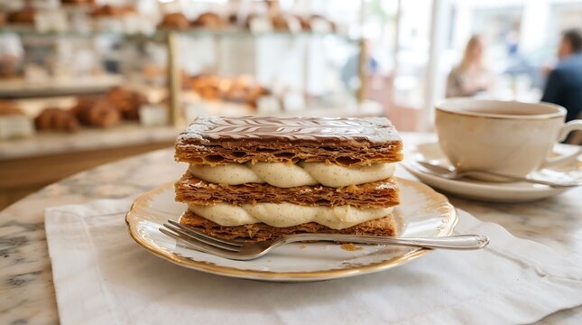A delicious millefeuille pastry served on a plate with a cup of tea