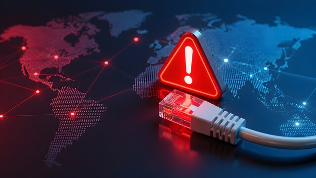 Global cybersecurity threat alert and network vulnerability warning with glowing red exclamation sign and unplugged ethernet cable on digital world map
