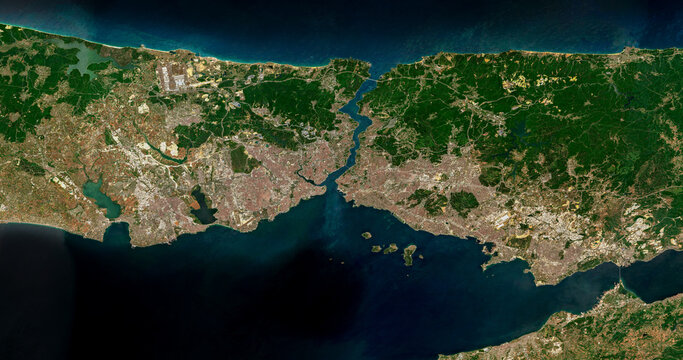 Istanbul Bosphorus shipping route on open data satellite image