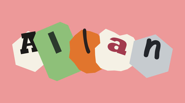 Colorful collage style typography with the word aian on a light pink background design element