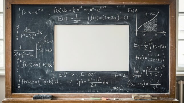 Blackboard covered with complex mathematical equations and graphs, with a blank white space in the center